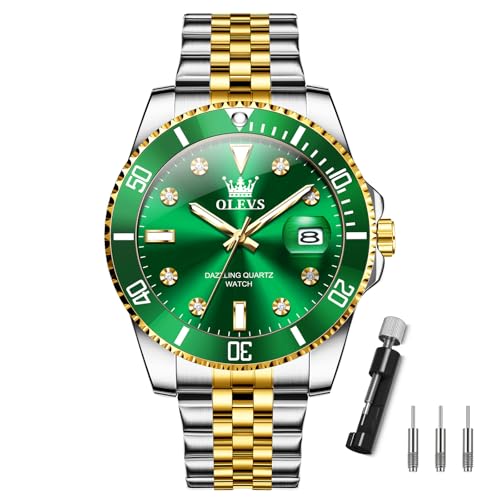 OLEVS 腕時計メンズ、防水 クオーツアナログ 腕時計日付、ゴールドシルバー ステンレスバンド うて時計、グリーン大きい文字盤 ビジネスとけい シンプル 紳士腕時 計、ファッションウォッチ プレゼント、おしゃれ 人気男性腕時 計 Watch for Men